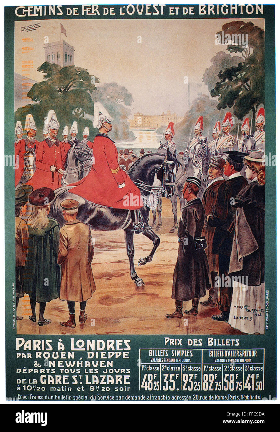 Londres : HORSE GUARDS. /NCrowds à admirer les Horse Guards à St James Park à Londres, en Angleterre, sur une affiche de chemin de fer en France de 1908 à promouvoir les voyages entre Paris et Londres. Banque D'Images