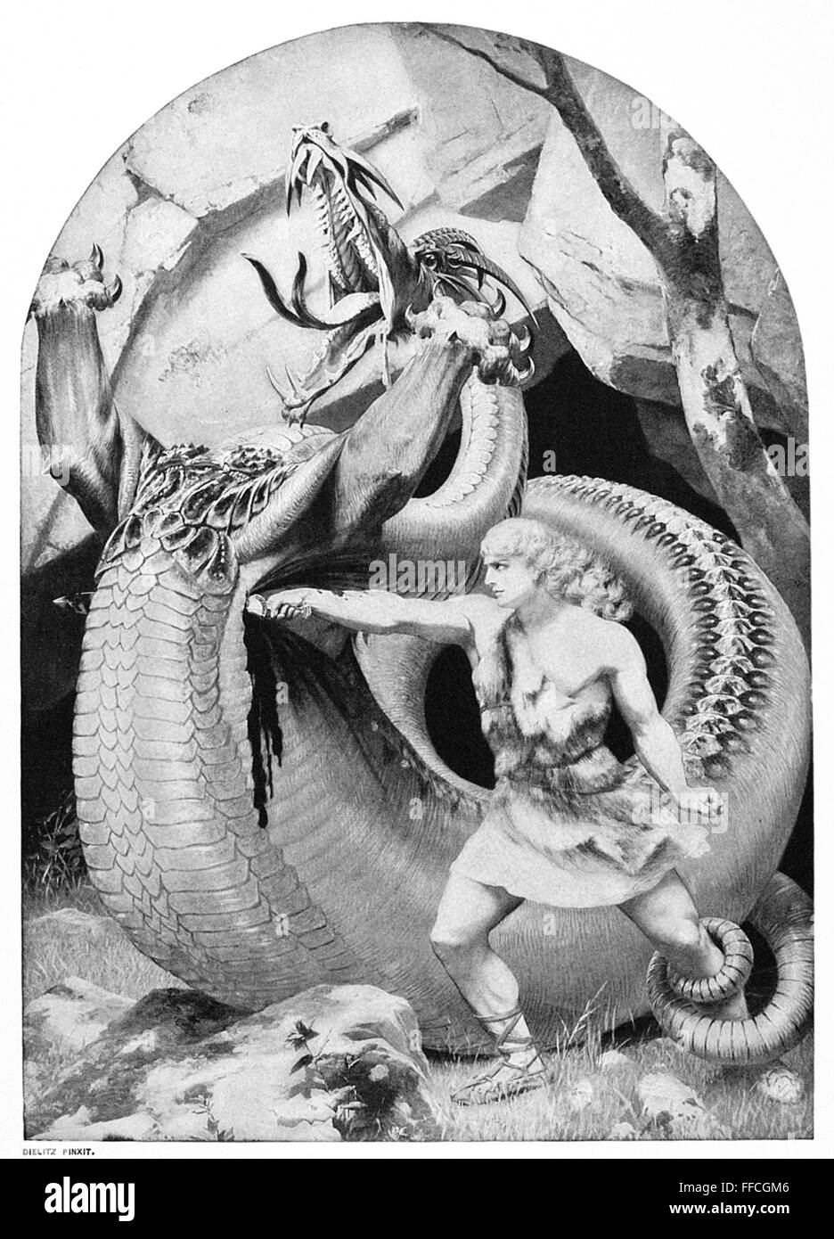SIEGFRIED terrassant le dragon. /NPhotogravure, fin du xixe siècle, d'après une peinture de Konrad Dielitz (1845-1933). Banque D'Images