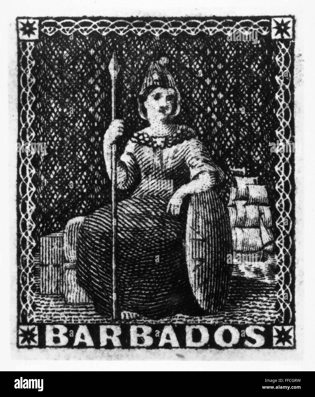 Timbre-poste : LA BARBADE. /NRecess-imprimé par Perkins Bacon & Co., 1852. Banque D'Images