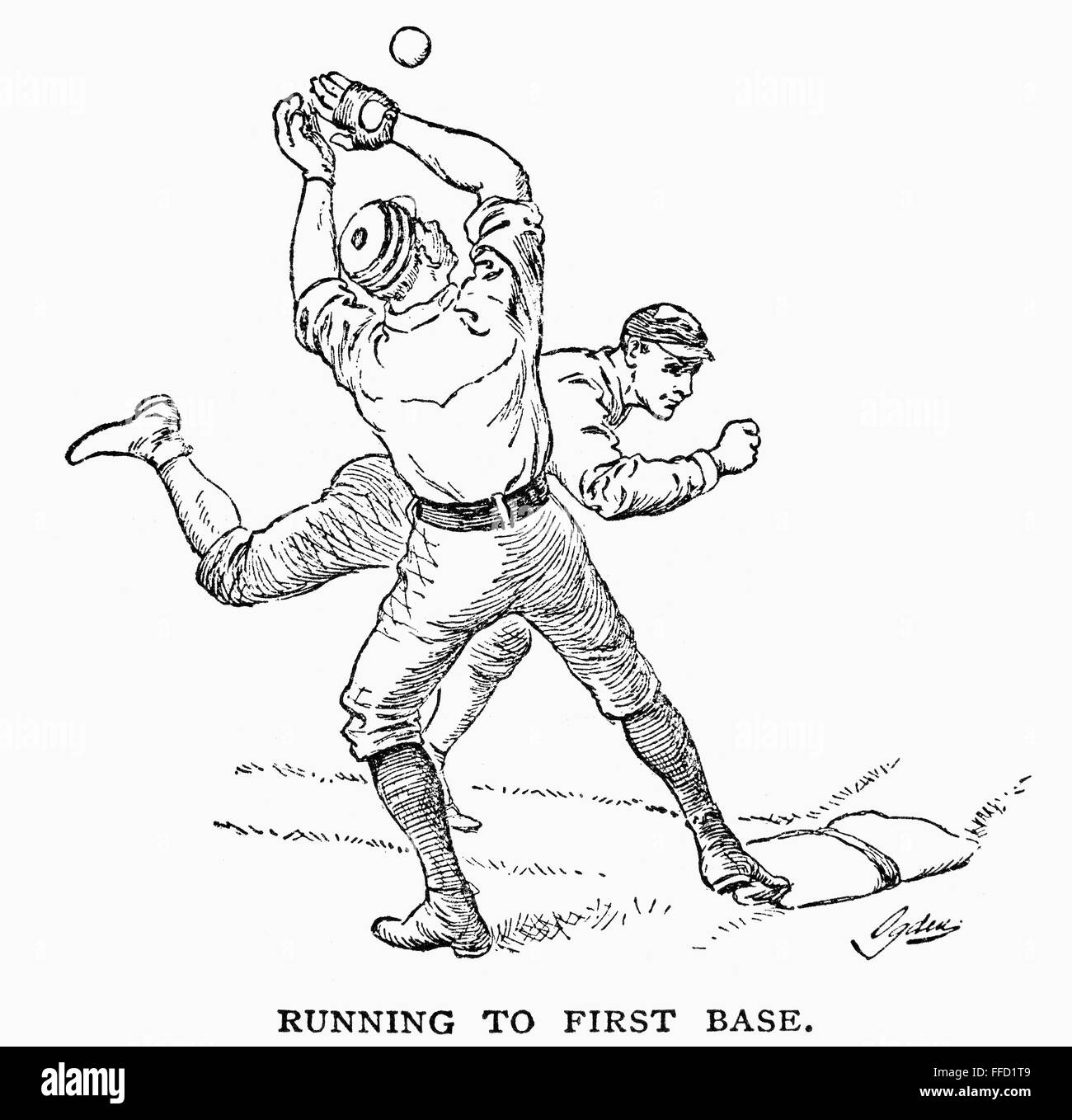 Des joueurs de baseball, 1889. /Nla à première base. La gravure sur bois, cuisine américaine, 1889. Banque D'Images