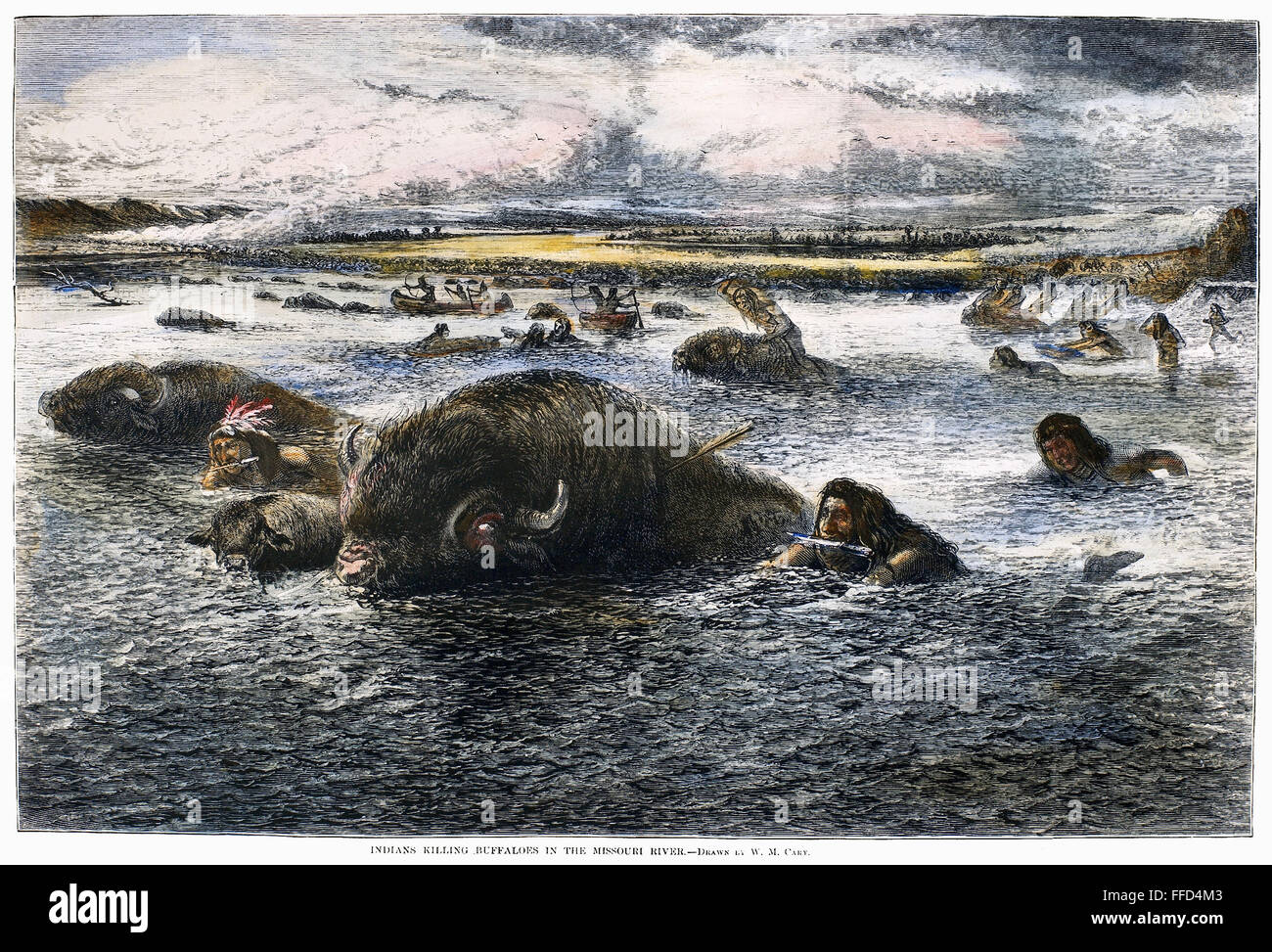 Chasse au bison, 1874. /NNative américains chasser le bison sur la rivière Missouri. La gravure sur bois, cuisine américaine, 1874, après William de la Montagne Cary. Banque D'Images