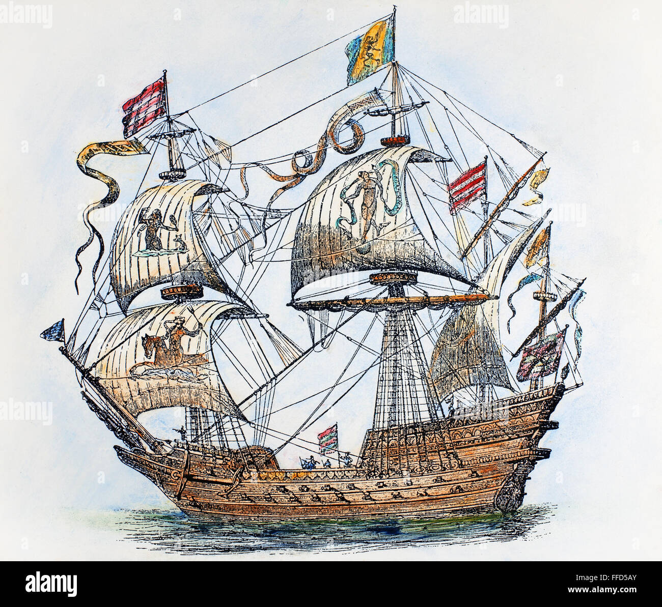 Galion espagnol, 1588. /NA galleon de l'Armada espagnole de 1588. La gravure sur bois, 19e siècle, après un dessin contemporain. Banque D'Images