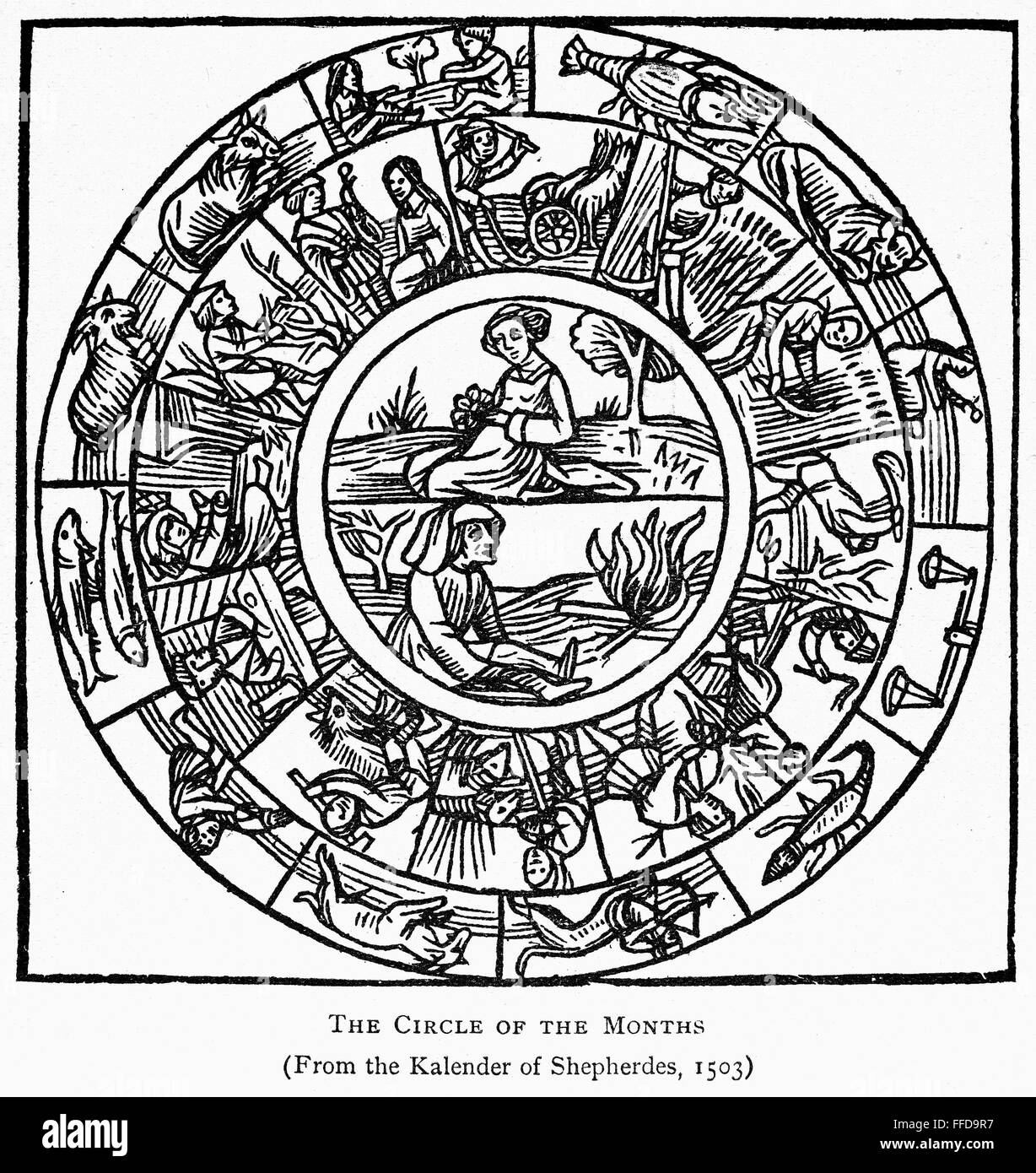 Calendrier, 1503. /Nla cercle du mois, entouré par les signes du zodiaque. Gravure sur bois à partir d'une édition de la 'Kalender de Shepherdes", imprimé à Paris en 1503. Banque D'Images