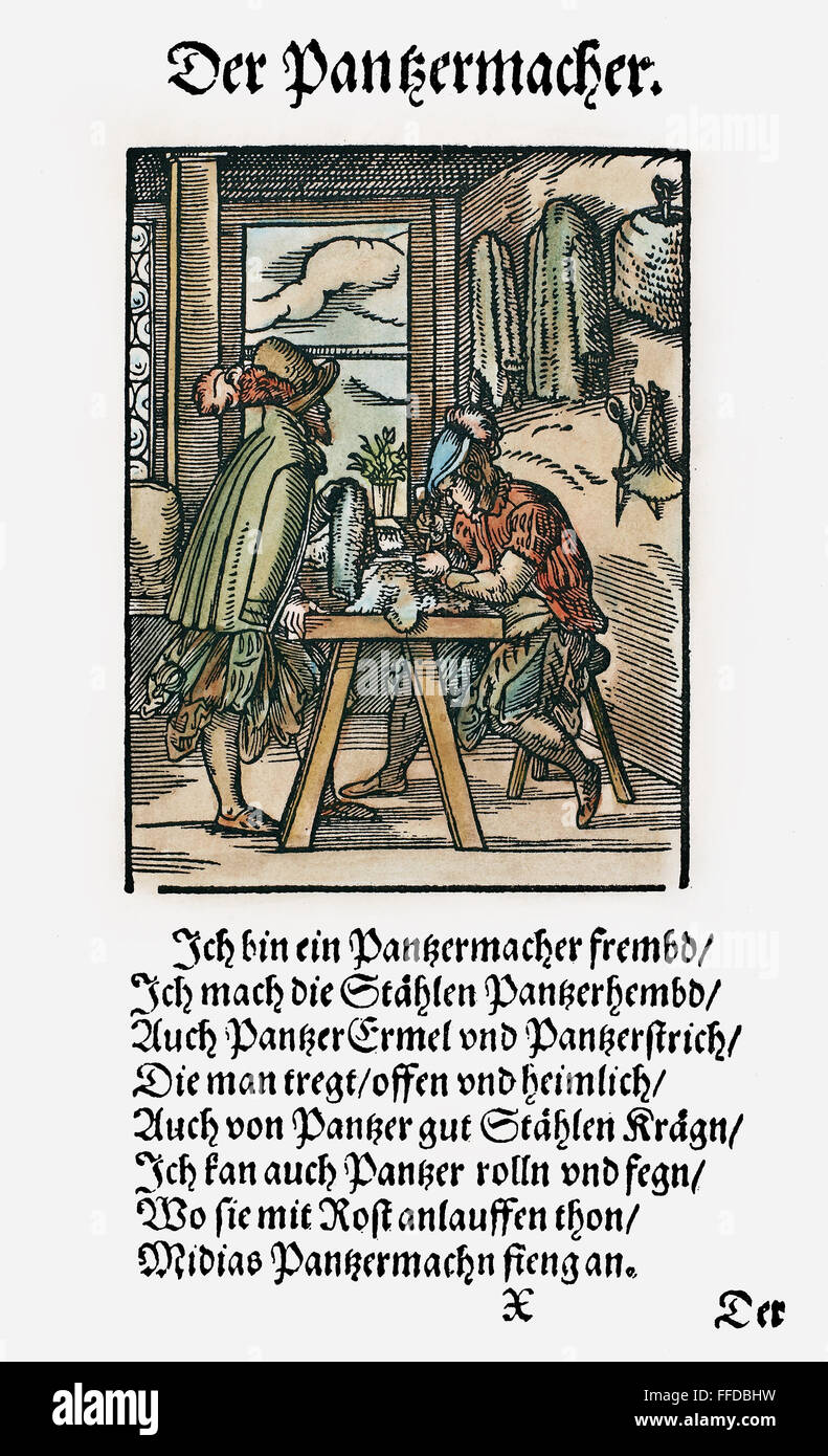 ARMOR TRAVAILLEUR, 1568. /NAn armour travailleur, fabricant de chemises, armpieces et colliers pour des armures. Gravure sur bois, 1568, par Jost Amman. Banque D'Images