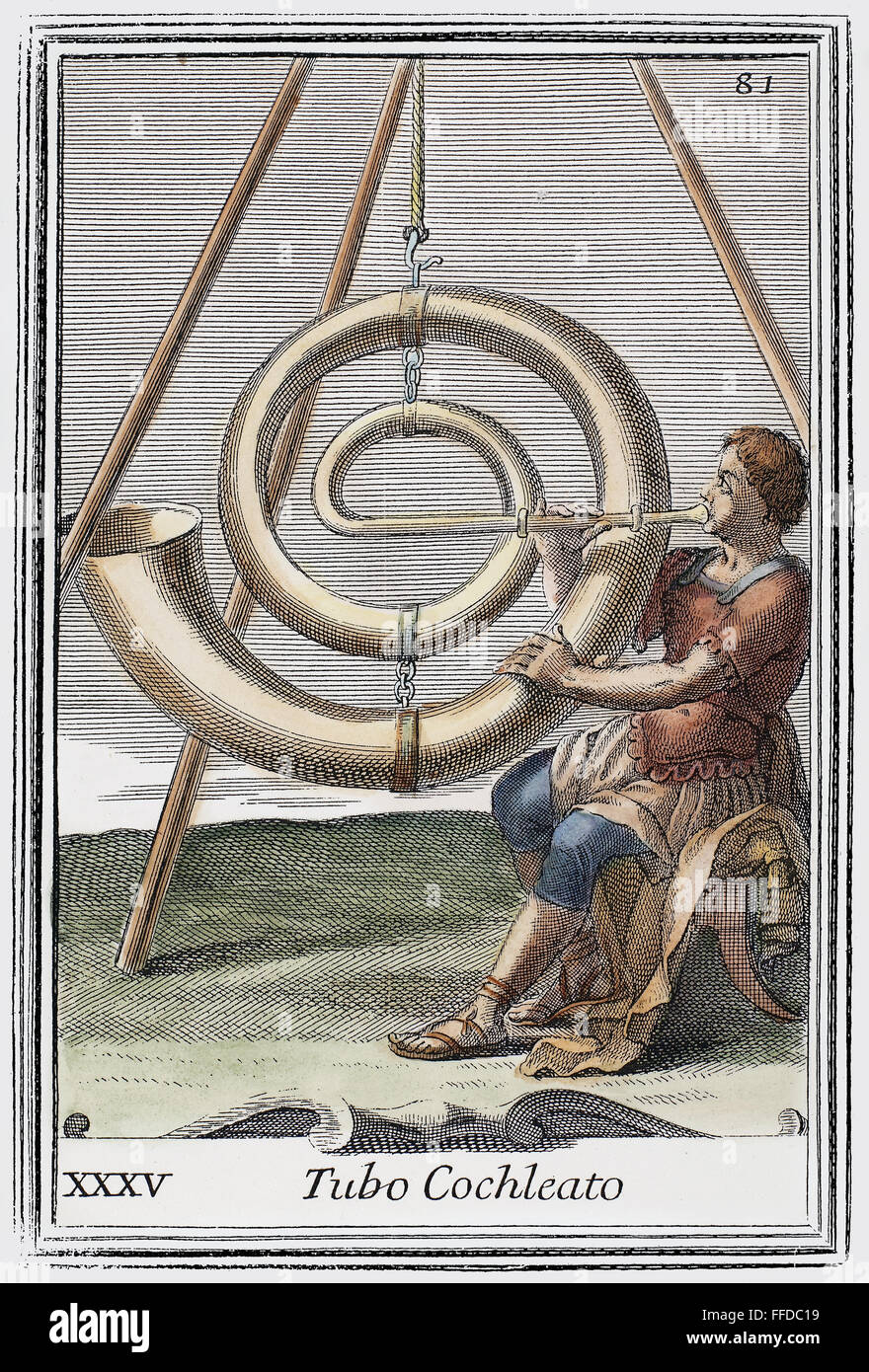 Amplificateur de voix, 1723. /NAn amplificateur imaginaire, basé sur les idées de Athanasius Kircher. Gravure sur cuivre, 1723, par Arnold van Westerhout. Banque D'Images