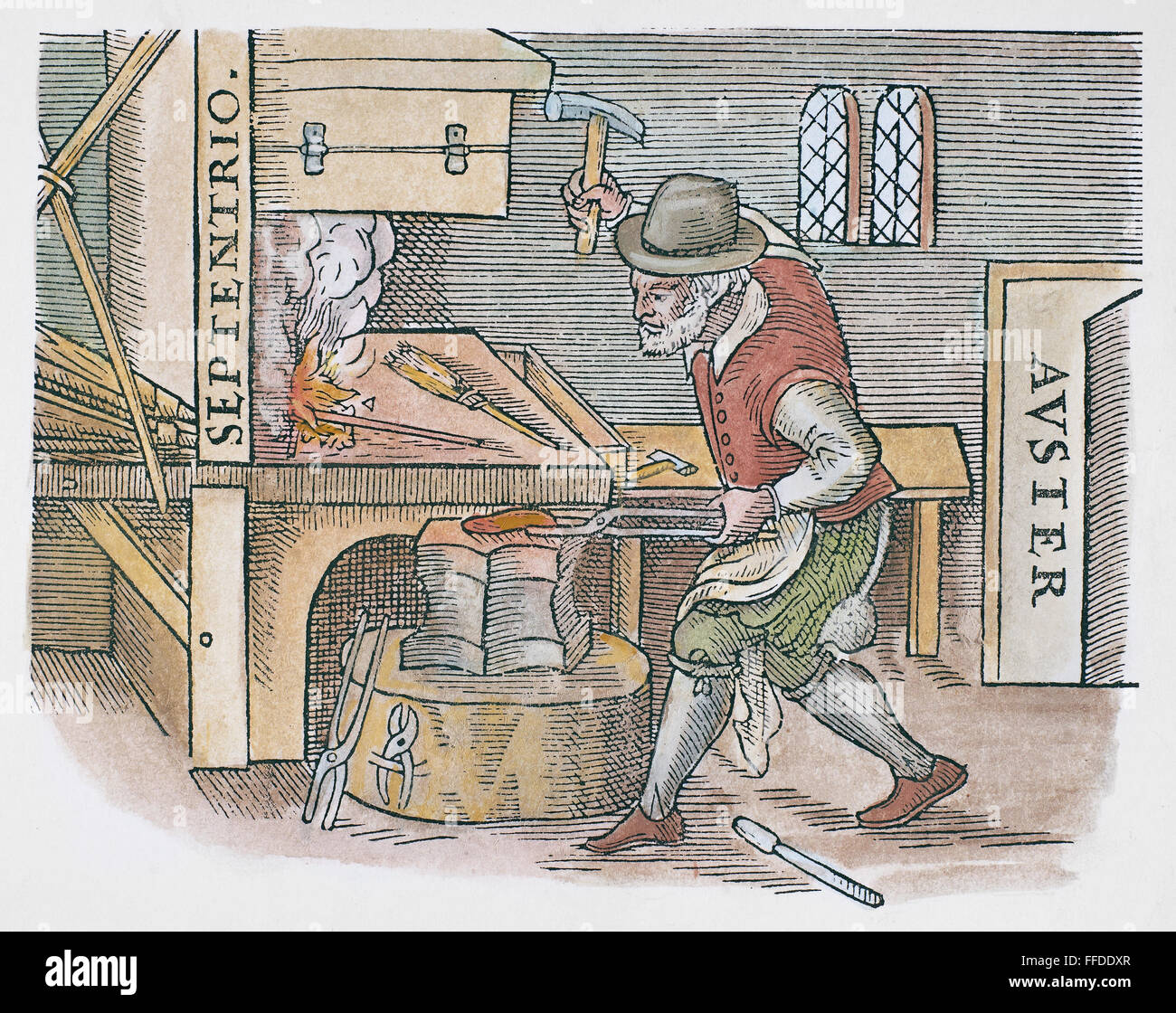 Fer à repasser de magnétisation, 1600. /NA blacksmith hammering une barre de fer pour être magnétisé, avec ses extrémités pointe vers le nord magnétique et le pôle sud. Gravure sur bois de William Gilbert's 'De Magnete, Londres, 1600. Banque D'Images