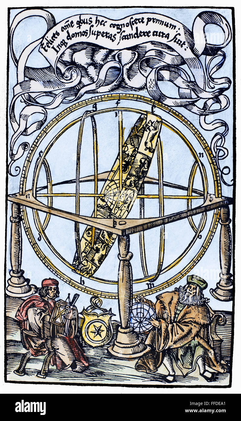 Sphère armillaire, 1514. /NArmillary sphère avec zodiac. Gravure sur bois de Georg von Peuerbach eclipsicum "Tabulae", Vienne, 1514. Banque D'Images