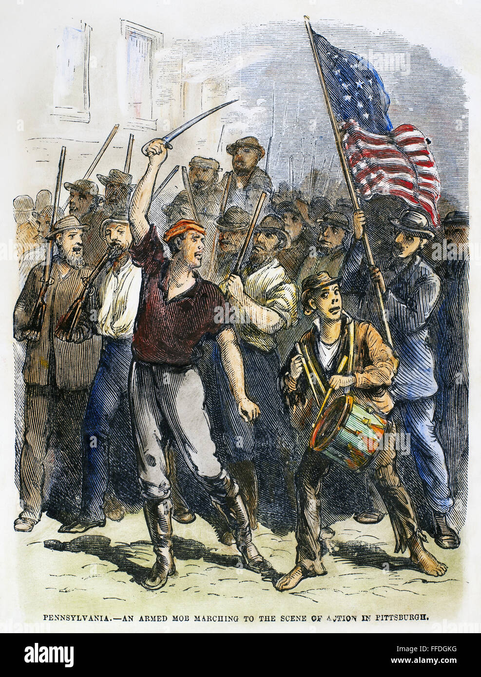 Grande grève des chemins de fer, 1877. /NArmed grévistes marchant au railroad à Pittsburgh, en Pennsylvanie, au cours de la grande grève des chemins de fer, juillet 1877. La gravure sur bois de l'Amérique contemporaine. Banque D'Images