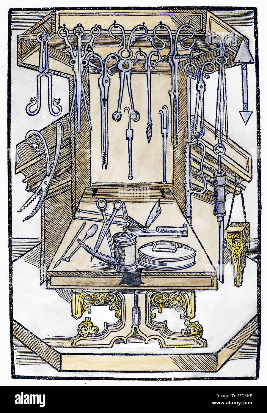 Les instruments chirurgicaux. /NWoodcut à partir d'un 15e siècle traité allemand sur la chirurgie. Banque D'Images