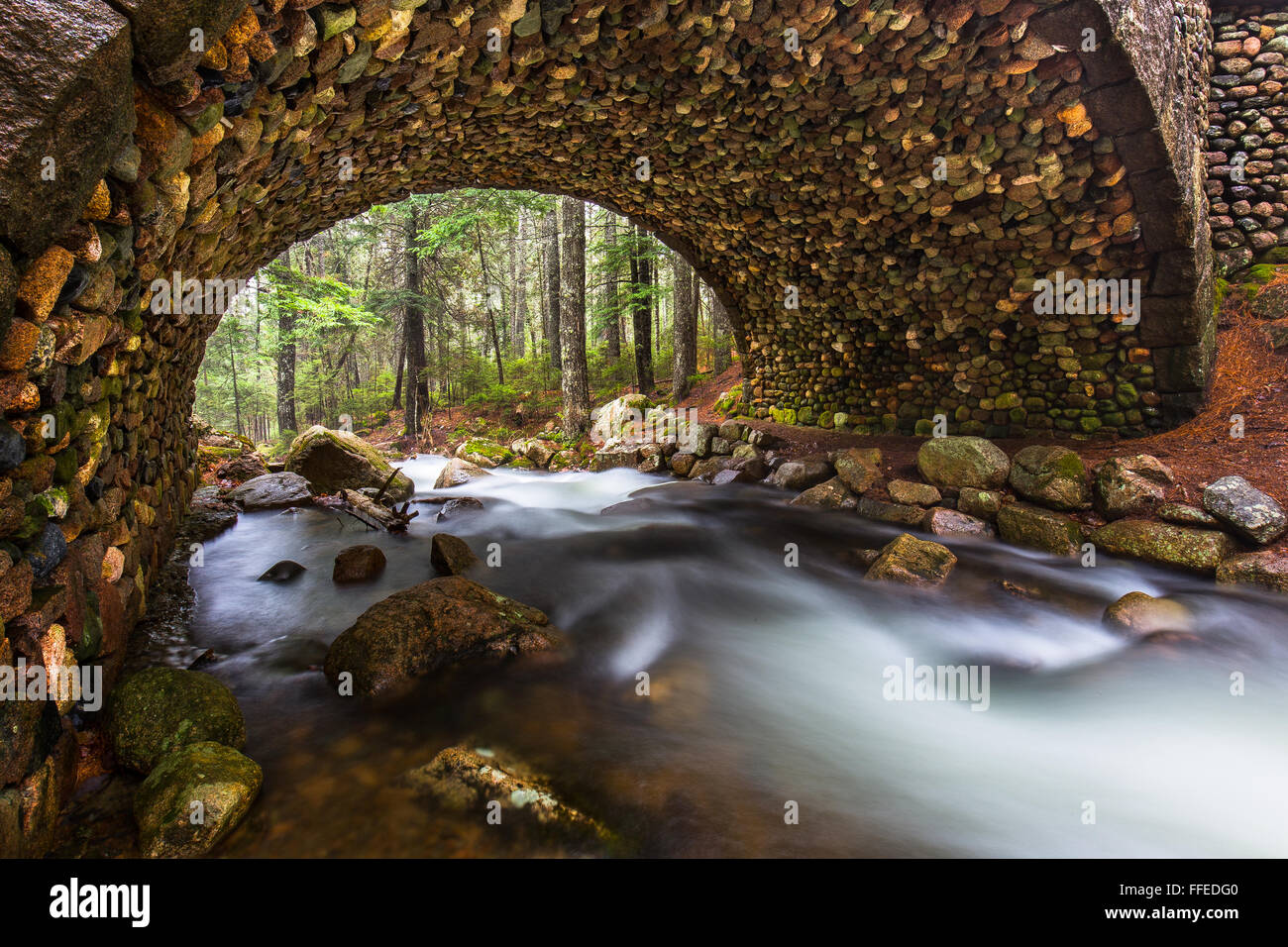 La Jordanie ruisseau coule sous le pont de pierre dans le parc national Acadia, Mount Desert Island, dans le Maine. Banque D'Images