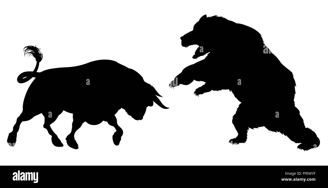 Un ours, un taureau de combat debout pour les ours et les taureaux stock market métaphore, en silhouette Banque D'Images