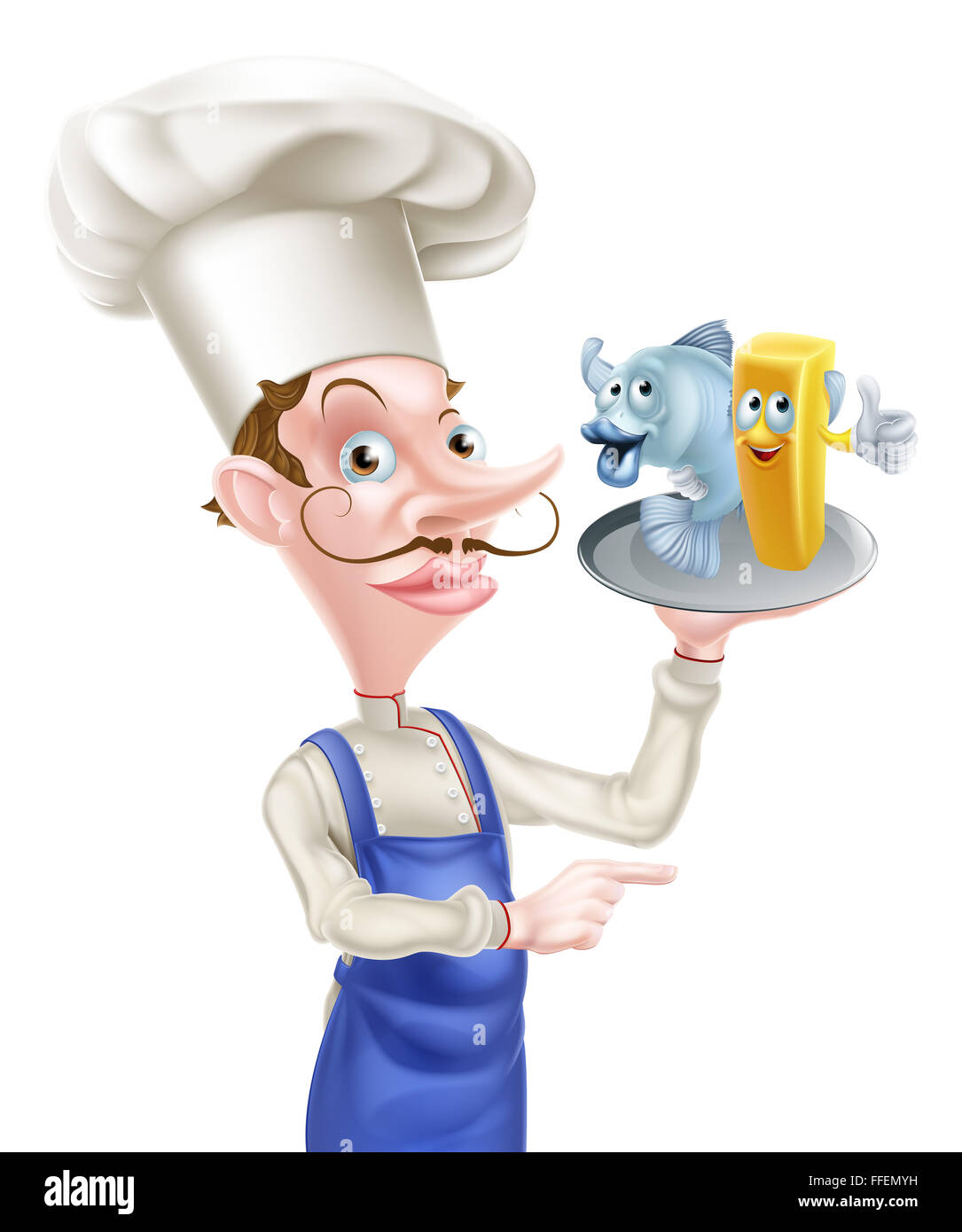Caricature de fruits de mer chef holding un plat ou une plaque avec du poisson et des frites sur elle et de pointage Banque D'Images