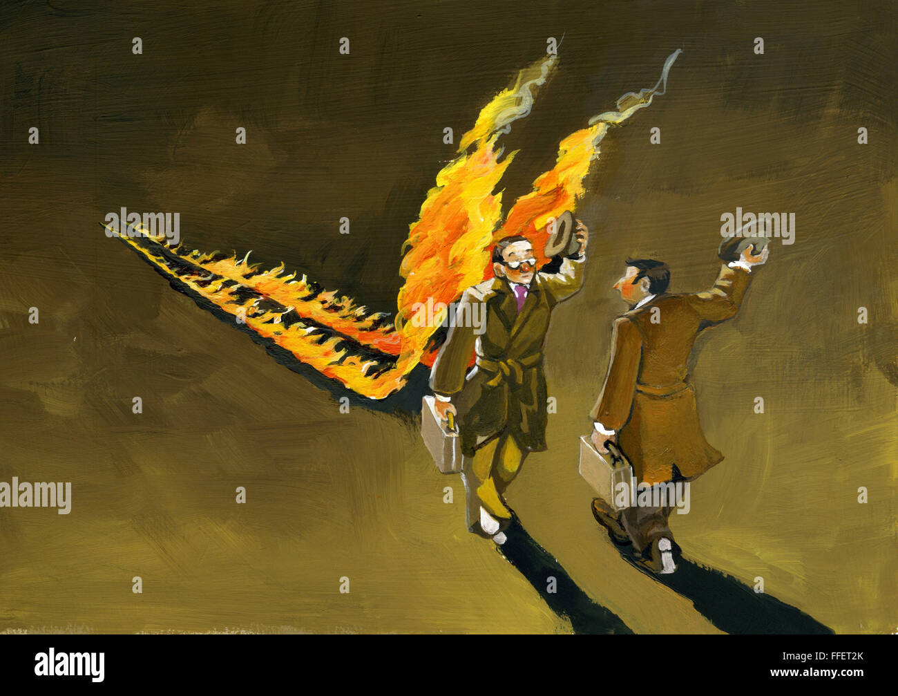 Deux hommes Rencontre et accueil, l'une des ailes de feu laissant une trace blazing Banque D'Images