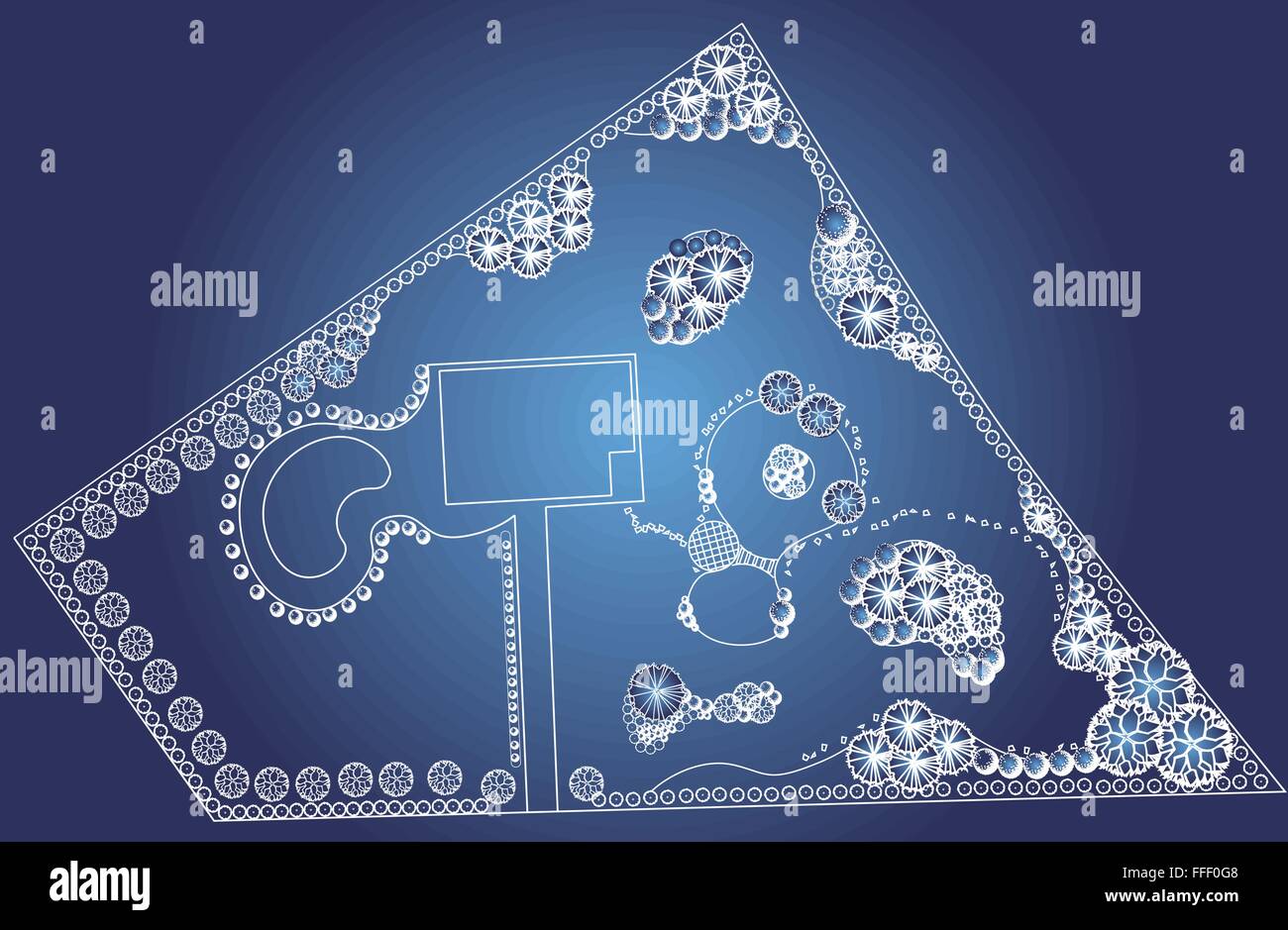 Plan de vecteur projet architectural du paysage, plan jardin avec arbre symbole Illustration de Vecteur