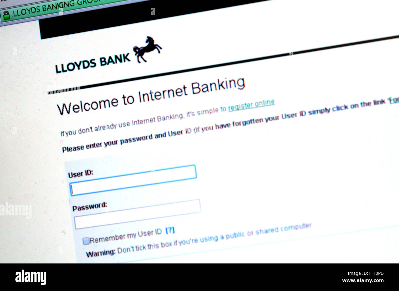 Une photographie de la page de connexion sur la page web de Lloyds Banking en ligne. Banque D'Images