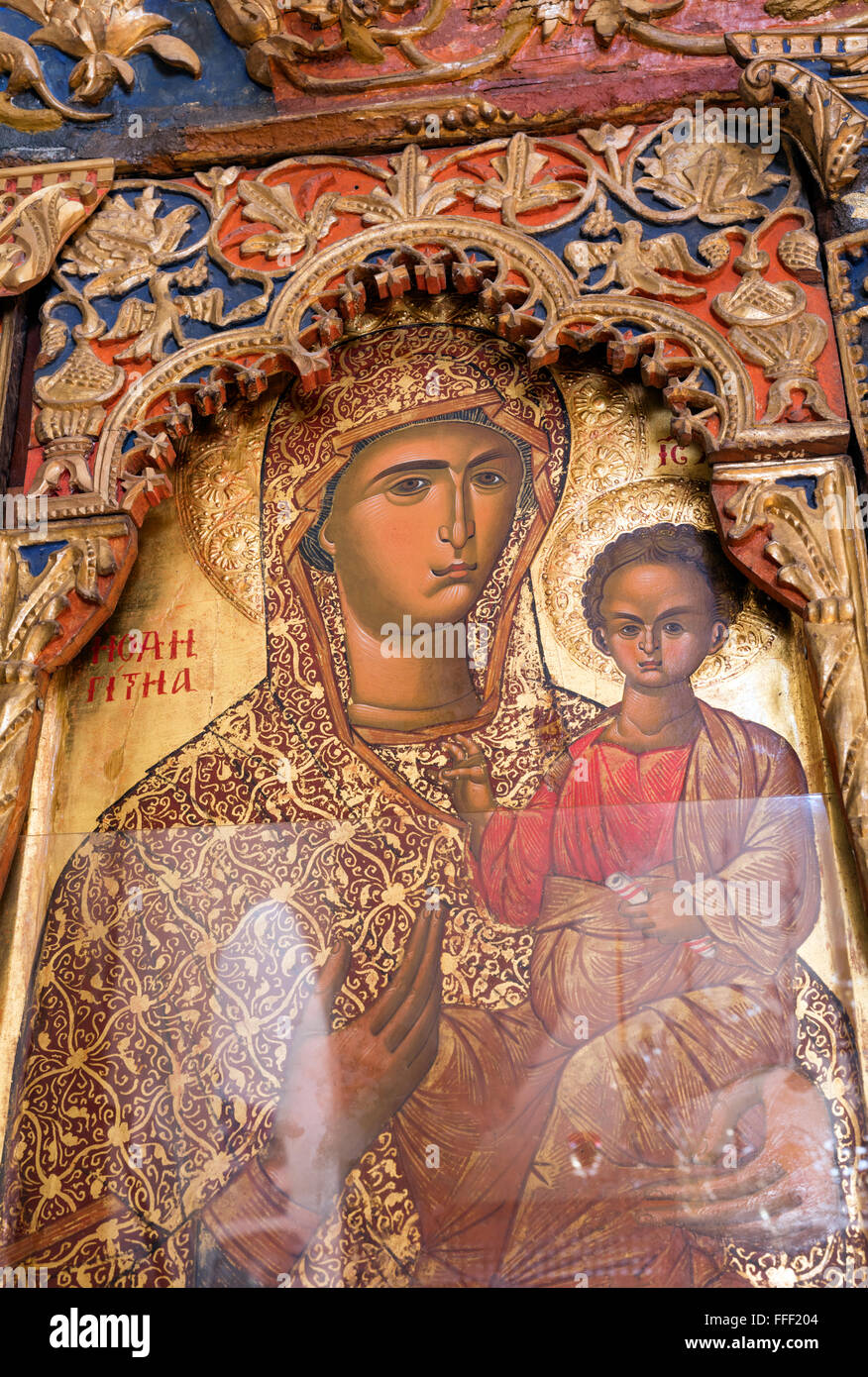 Icône de la Sainte Vierge, l'église du monastère de Panagia tis Amasgou, Monagri village, Chypre Banque D'Images