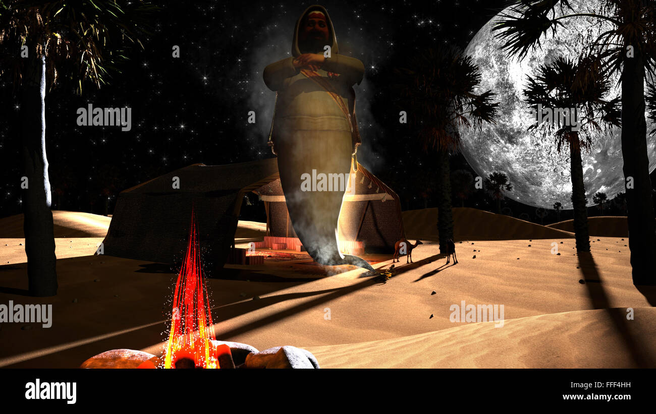 Genie 3D dans un désert d'Arabie avec palmiers, pleine lune et chameaux Banque D'Images