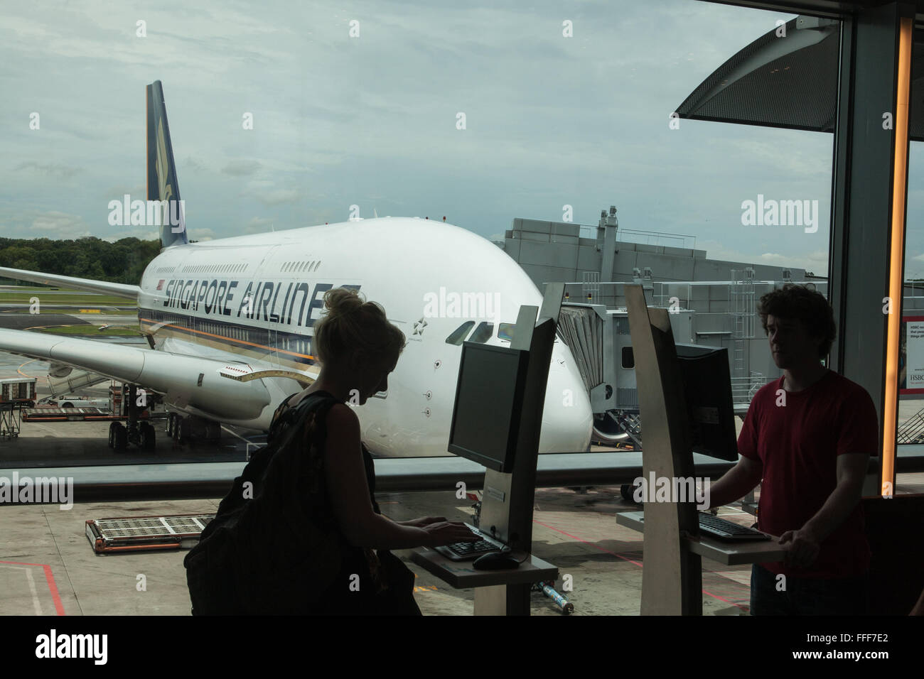 Airbus A380 à double Decker à l'aéroport de Changi, Singapour Banque D'Images