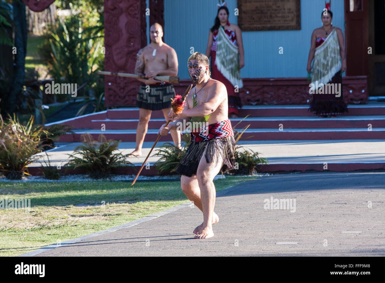 (Te Puia New Zealand Maori Arts & Crafts Institute), la culture maorie de Rotorua, île du Nord, Nouvelle-Zélande.Emplacement de Pohutu geyser. Banque D'Images