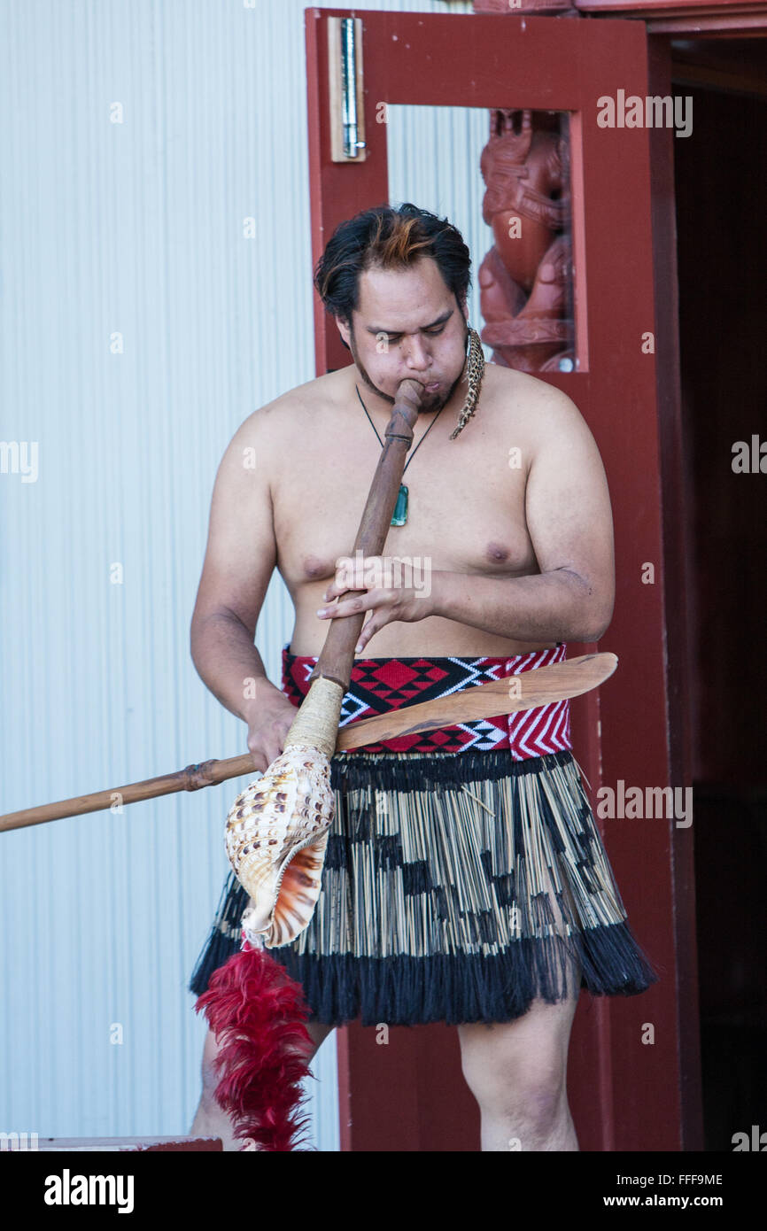 (Te Puia New Zealand Maori Arts & Crafts Institute), la culture maorie de Rotorua, île du Nord, Nouvelle-Zélande.Emplacement de Pohutu geyser. Banque D'Images