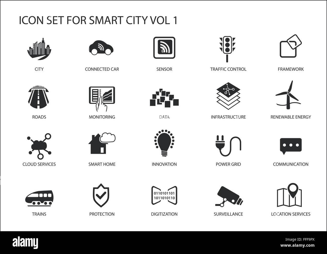 Smart city vector icônes et symboles dans modèle plat Illustration de Vecteur