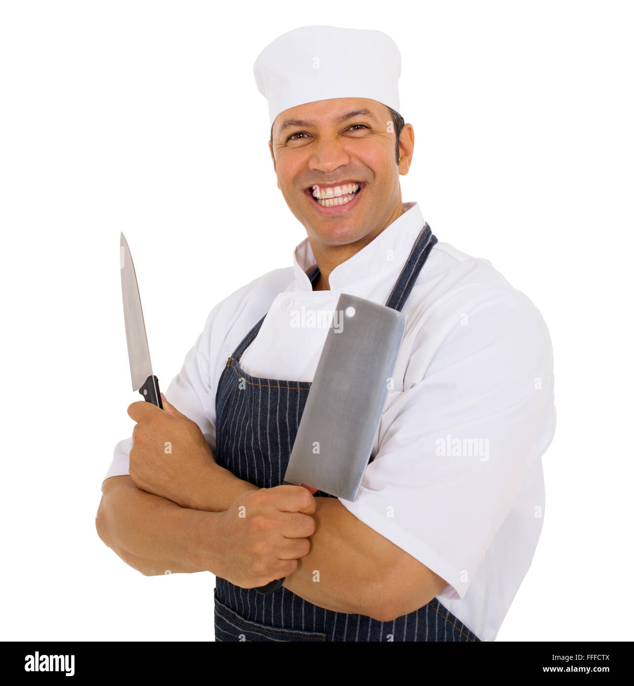 Portrait of happy butcher holding couteaux Banque D'Images