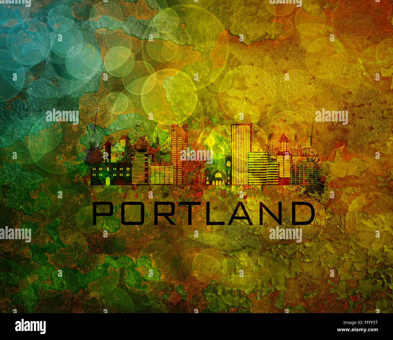 Portland Oregon City Skyline avec Paint Splatter Abstract onn Grunge Texture Background Color Illustration Banque D'Images