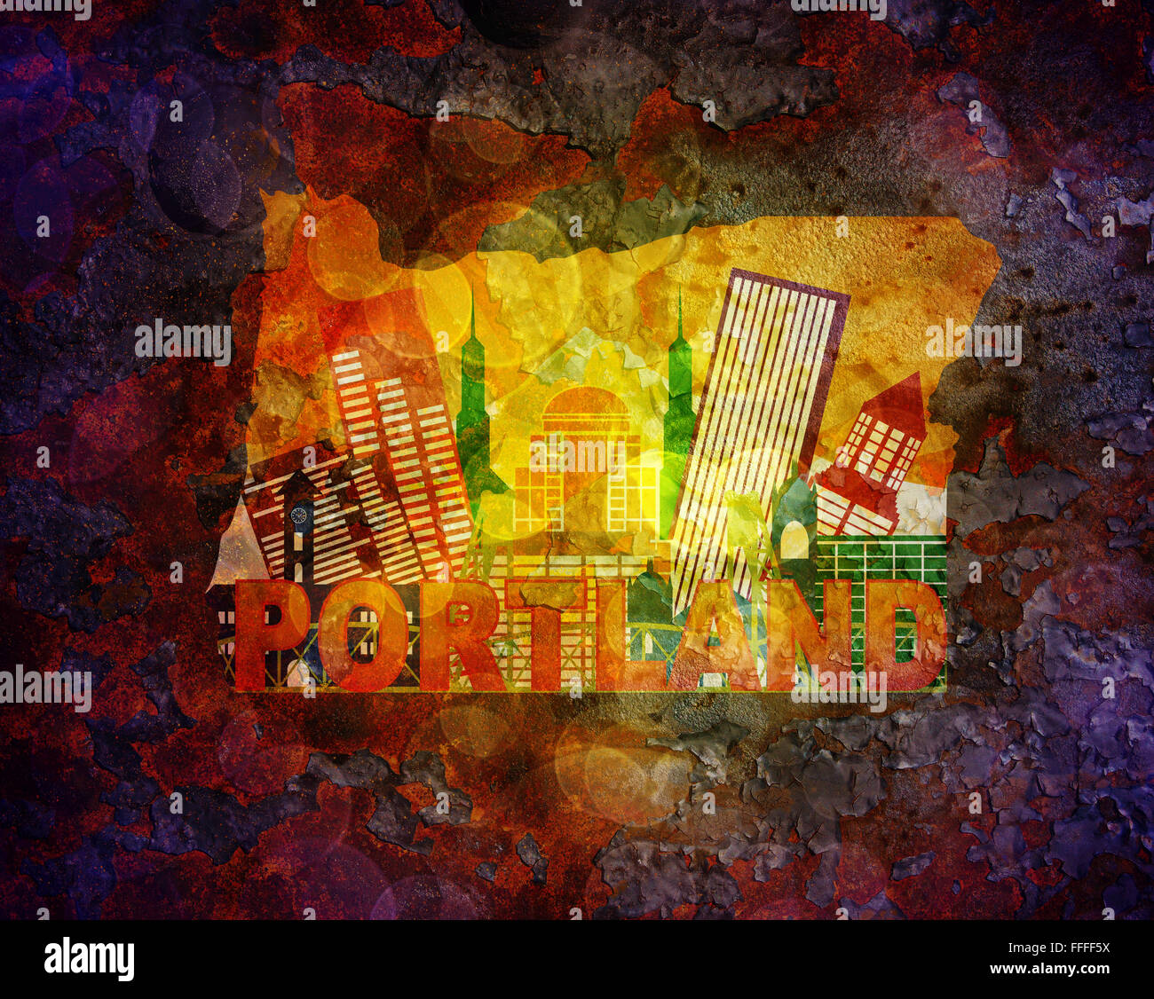 Portland Oregon City Skyline Panorama dans la région Site Grunge Texture Background Color Illustration Banque D'Images