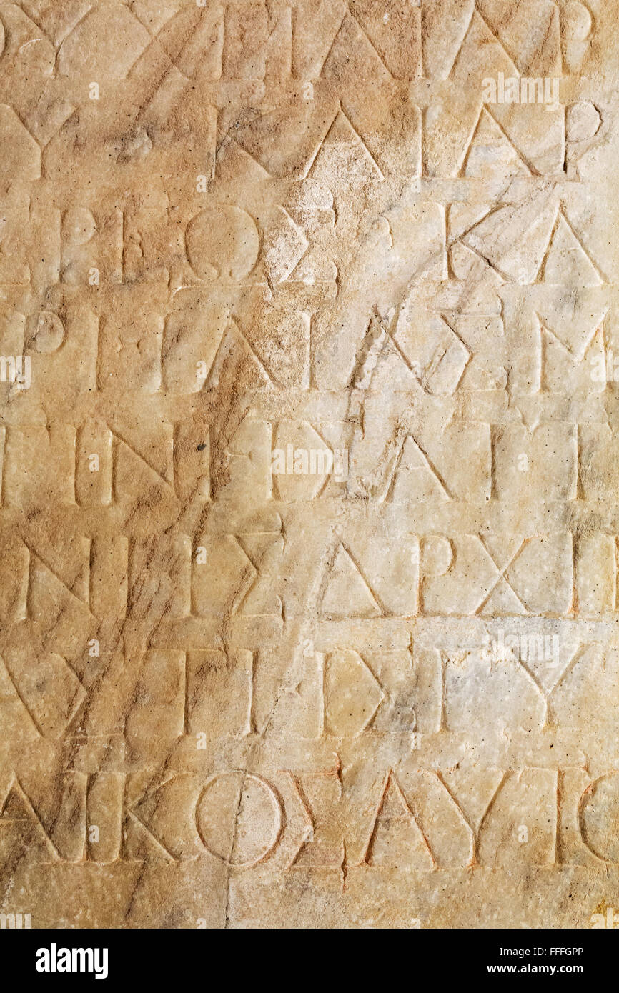 Inscription en grec musée d'archéologie, Pamukkale, Hiérapolis, province de Denizli, Turquie Banque D'Images