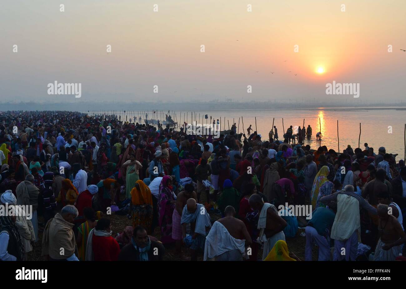 Allahabad, Inde. Feb 13, 2016. Les dévots hindous se préparent à prendre l'offre holydip à Sangam, la confluence de la rivière Yamuna et mythologique Saraswati Ganga sur l'ocassion de Basant Panchami lors du festival Magh Mela. Credit : Prabhat Kumar Verma/Pacific Press/Alamy Live News Banque D'Images