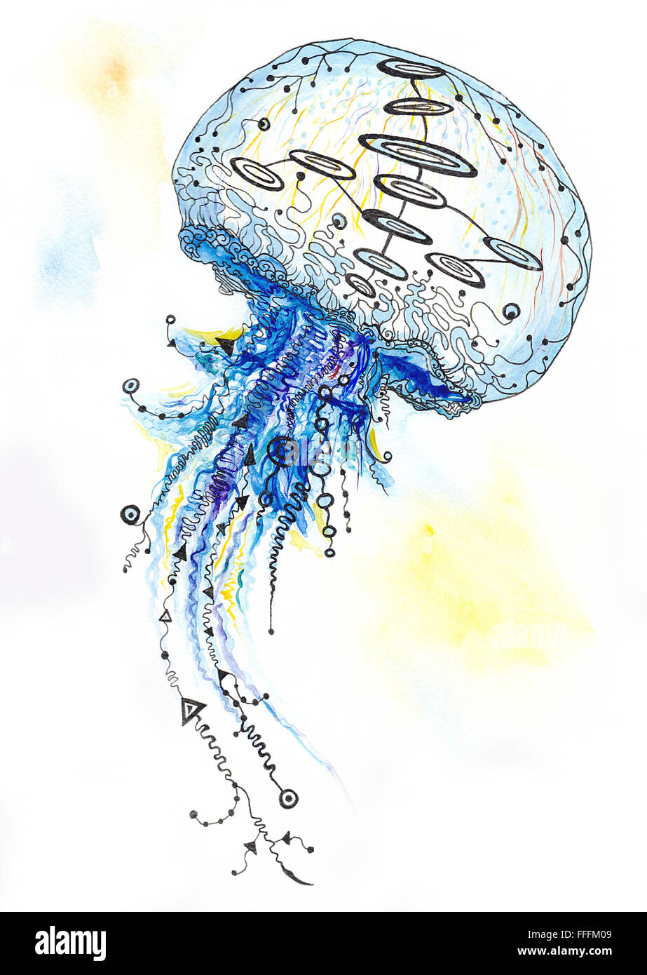 Croquis créatif medusa animal marin illustration avec ornements noirs sur fond blanc Banque D'Images