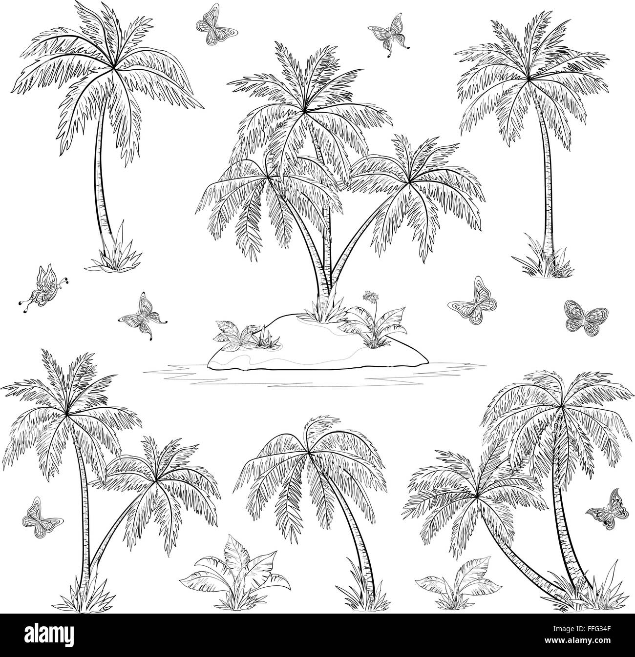 L'île tropicale, de palmiers et de papillons contours Illustration de Vecteur