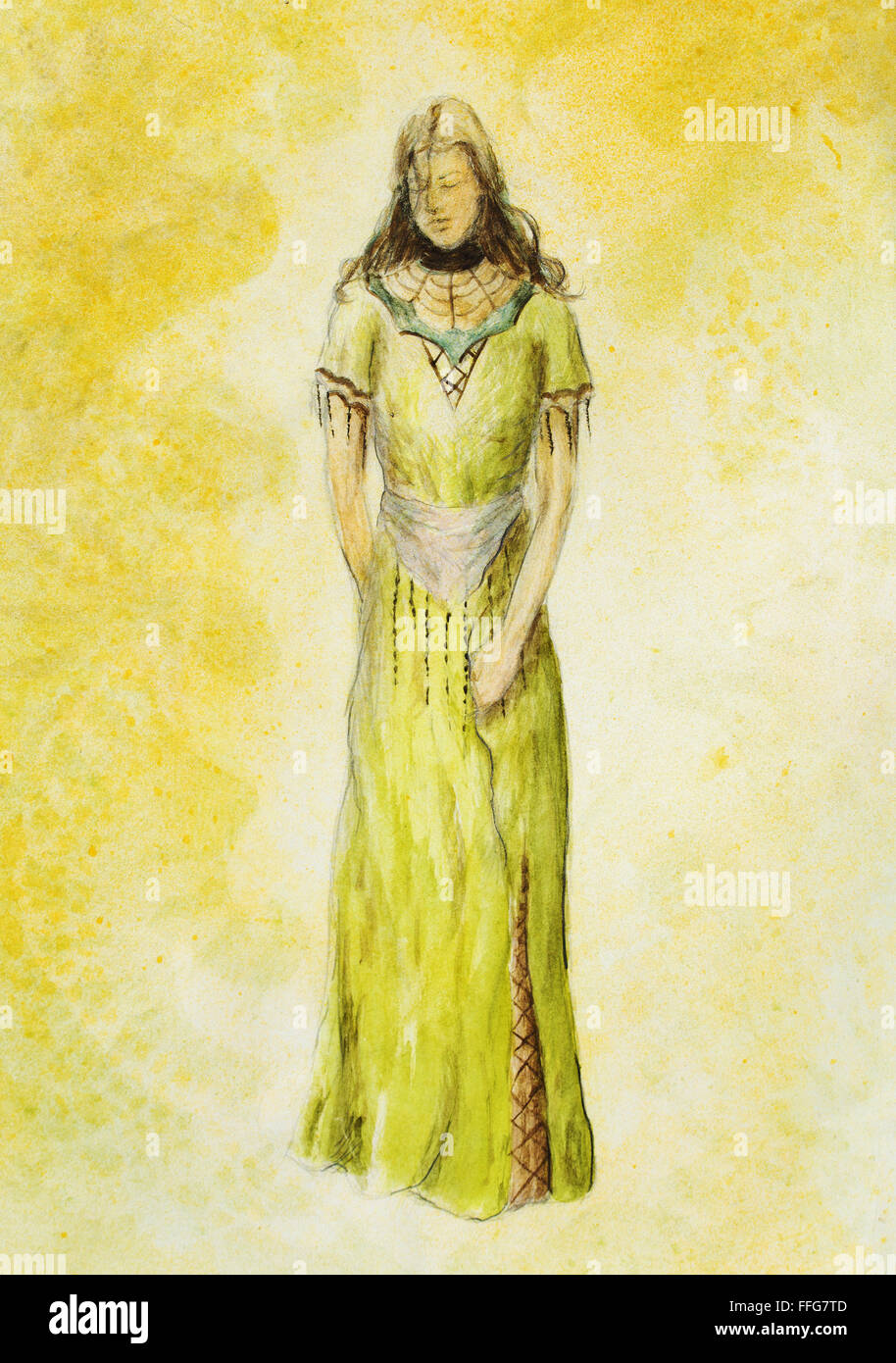 Croquis de femme mystique dans la belle robe ornemental inspiré par la conception d'âge moyen Banque D'Images