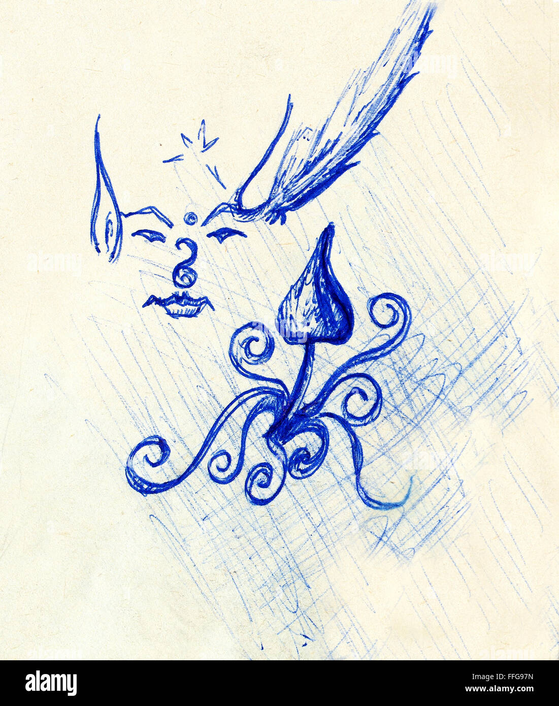 Dessin crayon sur papier ancien elf avec des étoiles et de l'ornement et champignons psychédéliques. Croquis sur papier Banque D'Images