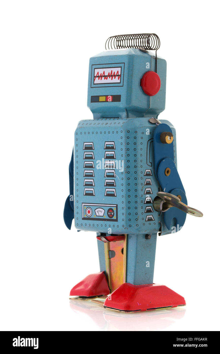 Clockwork Tin Retro Robot sur un fond blanc Banque D'Images