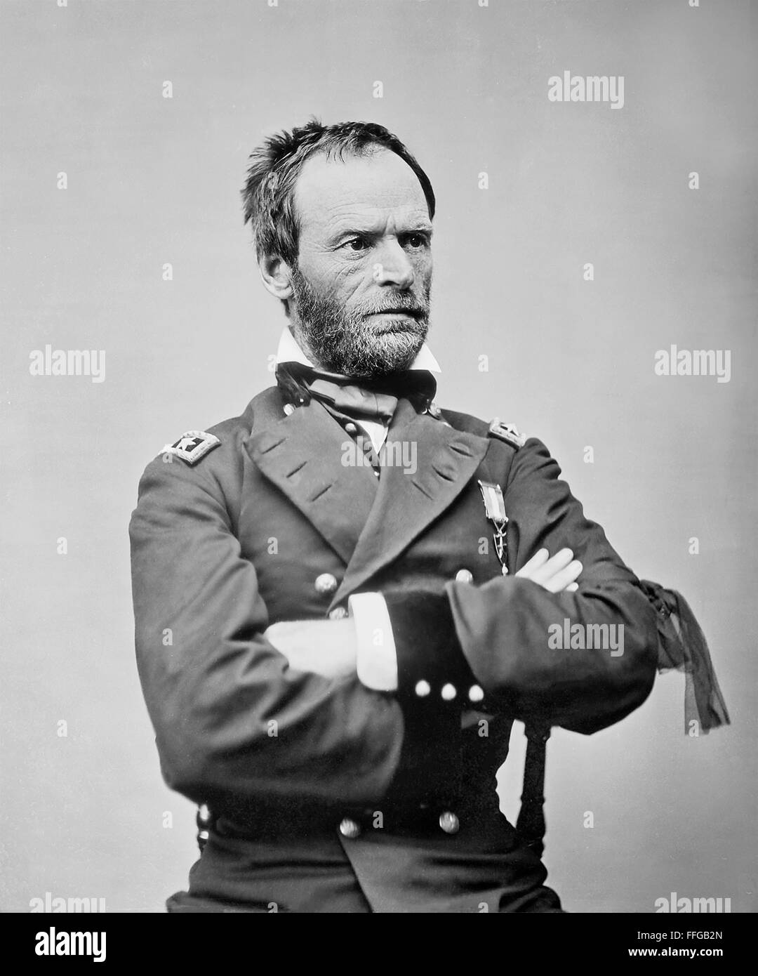 General Sherman. Portrait du général William Tecumseh Sherman, commandant dans l'armée de l'Union durant la guerre civile américaine, portant un brassard noir après l'assassinat du président Lincoln, la photo date de 1865 par Mathew Brady. Banque D'Images