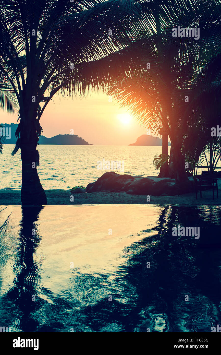 Plage tropicale avec palmiers pendant l'incroyable coucher du soleil. Banque D'Images