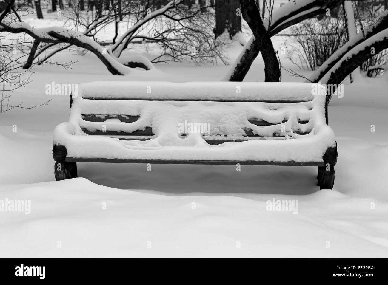 Banc dans le parc couvert de neige Banque D'Images