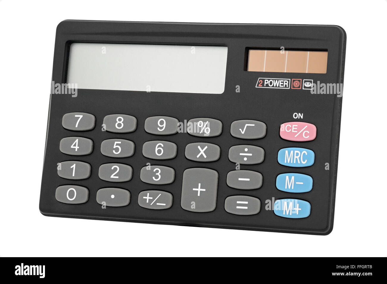 Calculatrice avec une pile solaire isolé sur fond blanc Banque D'Images