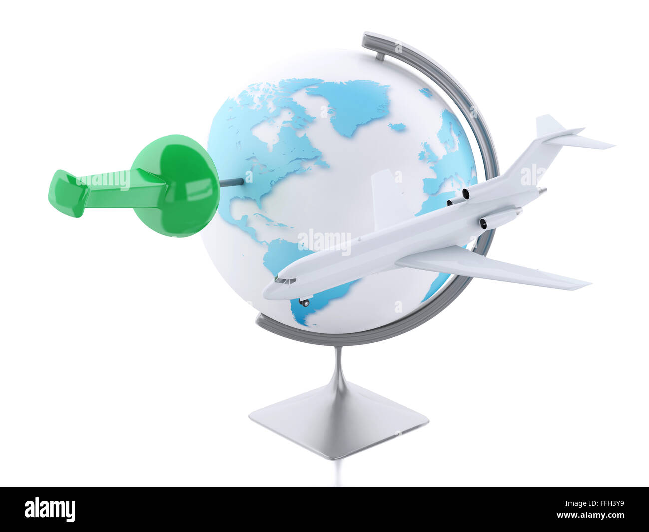 Moteur de rendu 3d image. Avion et world globe avec épingle. Voyage Vacances concept. Isolé sur fond blanc Banque D'Images