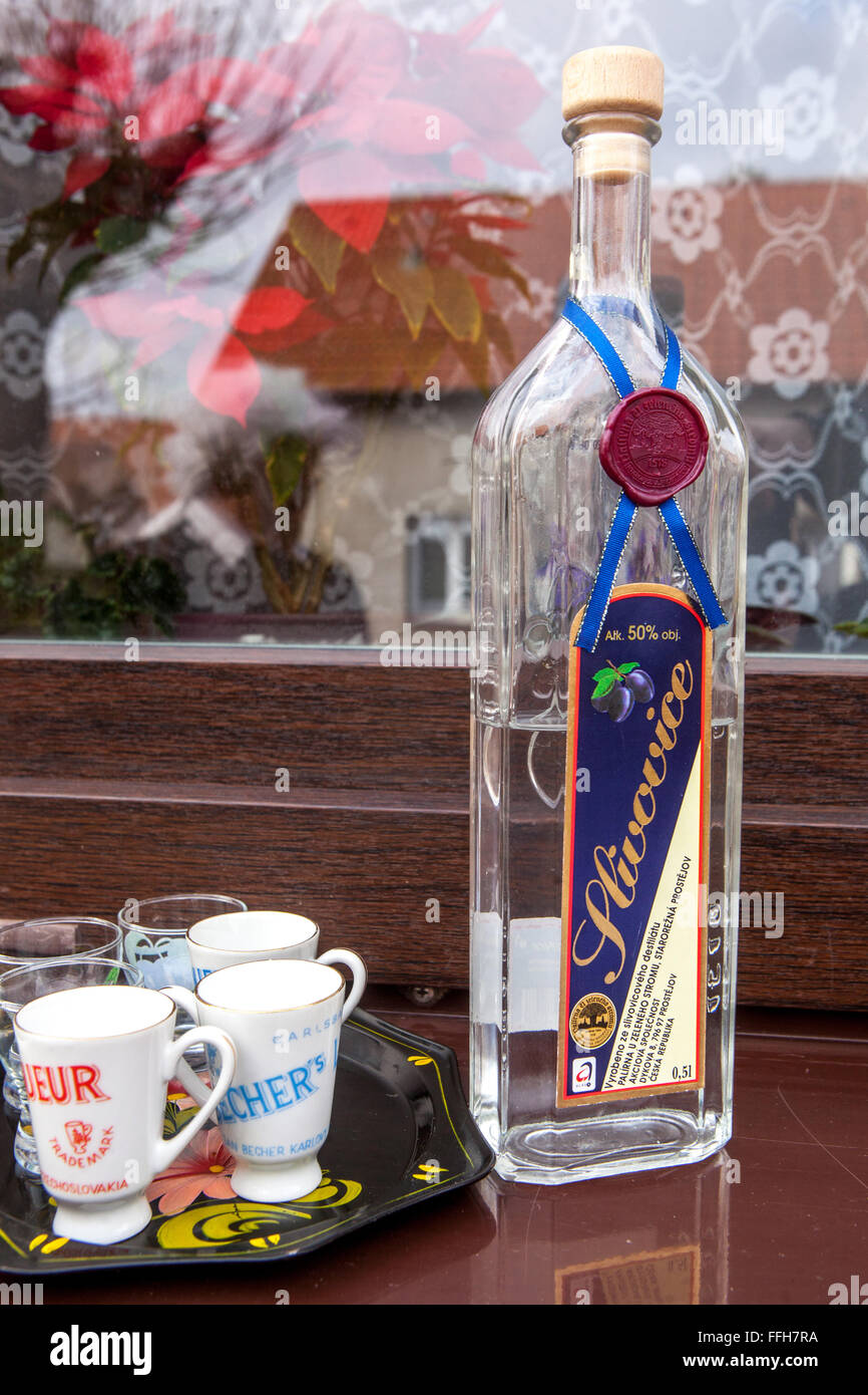 Des bouteilles d'alcool sur le carnaval, Czech village Banque D'Images