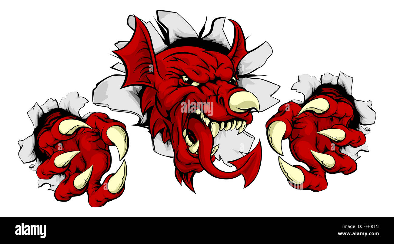 Welsh dragon rouge de galles Y Ddraig Goch Smashing par l'arrière-plan avec ses griffes. Mascotte sportive. Banque D'Images