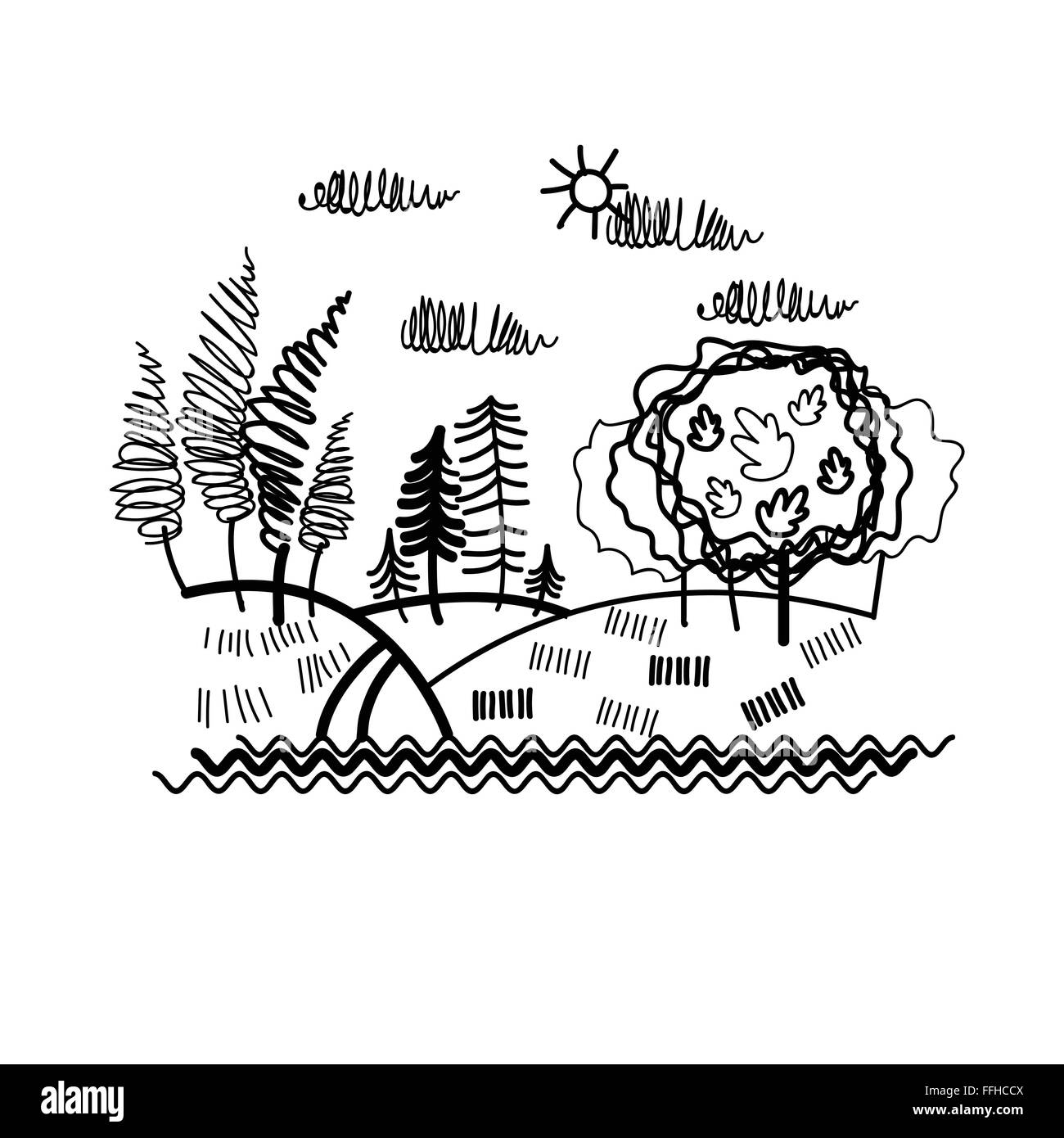 Forest Tree Woods Croquis Simple ligne Illustration de Vecteur