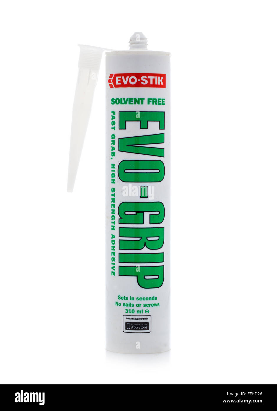 Tube de colle sans solvant Evo-Grip grab faire par Evo Stik sur fond blanc Banque D'Images