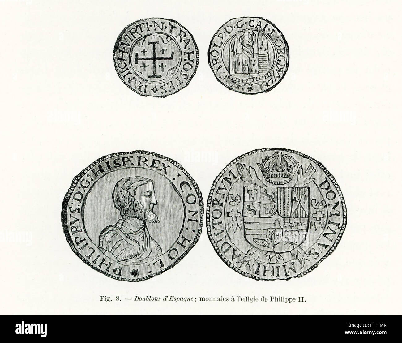Montré ici sont fin des années 1800, des gravures d'doubloons espagnol. Le portrait ici, c'est Philippe II d'Espagne. Il a régné sur l'Espagne de 1556 à 1598 et au Portugal de 1581 à 1598. Comme l'époux de la Reine Marie d'Angleterre, il était roi d'Angleterre et d'Irlande 1544-1588. Philippe a été le dirigeant responsable de l'Armada espagnole. Or monétaire ont été Doubloons pièces frappées en Espagne, Mexique, Pérou, et Nueva Grande. Banque D'Images