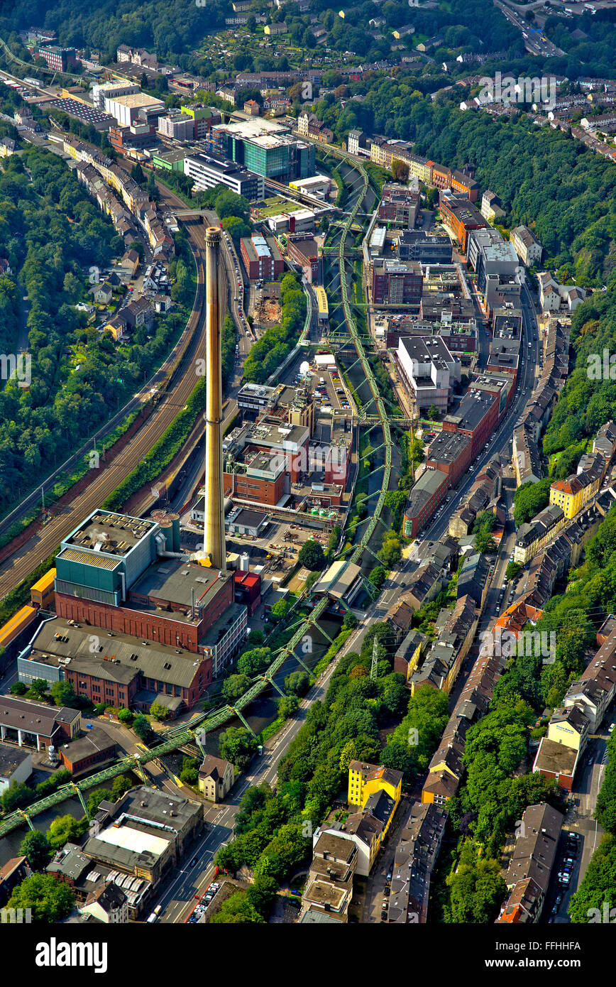 Vue aérienne, l'usine chimique Bayer Wuppertal, Wuppertal, parc de fer de suspension, l'acier, le cadre de la vallée de la Wupper, Wuppertal, Banque D'Images