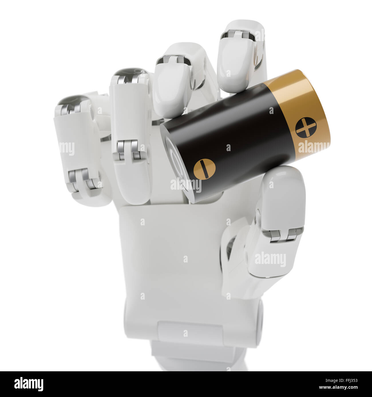 La batterie dans la main robot isolated on white Banque D'Images