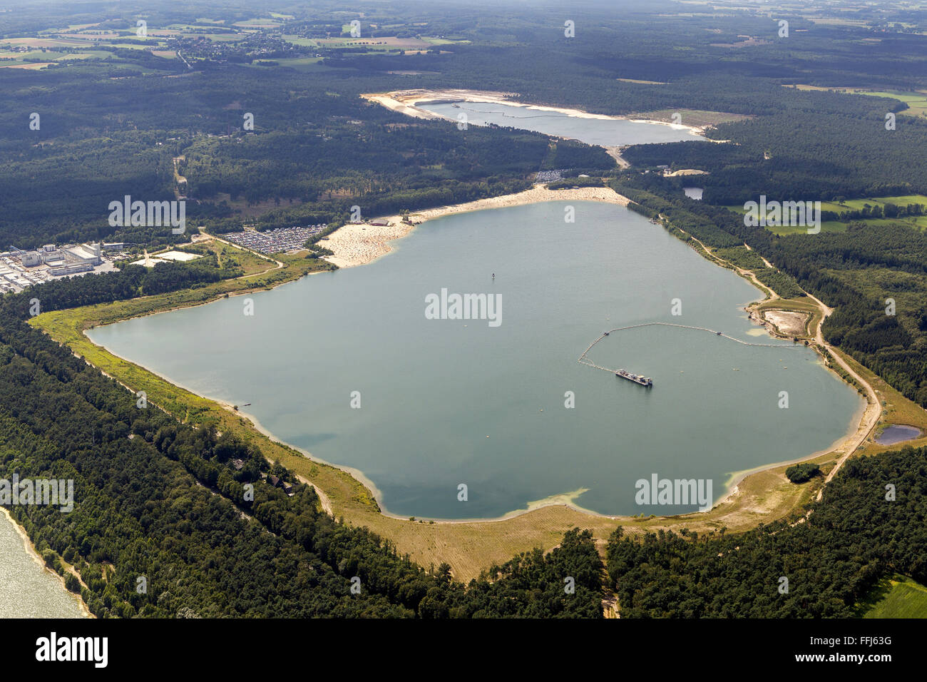 Vue aérienne, plage de sable, Lac, Port, mer, baigneurs, Silbersee II Haltern Duelmen, Haltern am See, Ruhr, Banque D'Images