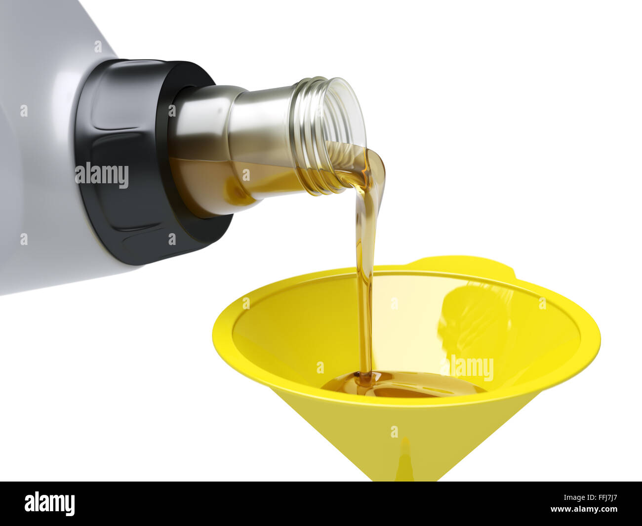Verser l'huile moteur par funnel sur fond blanc Banque D'Images