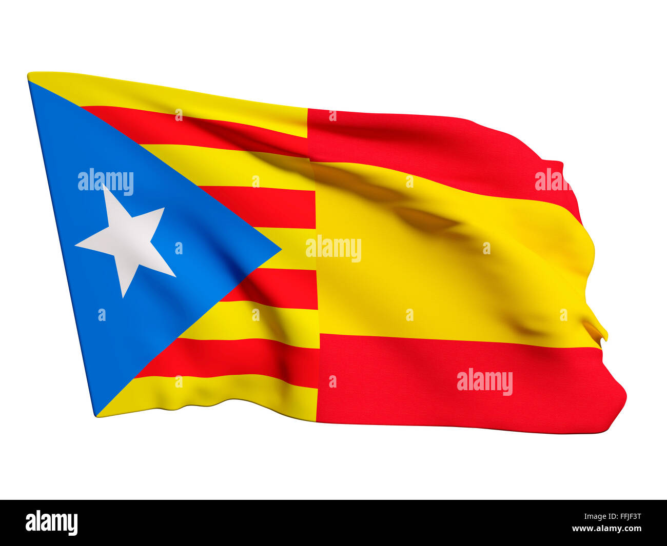 Le rendu 3D d'un mixte de la Catalogne et l'Espagne drapeaux, symbole de la tentative de sécession de la Catalogne Banque D'Images